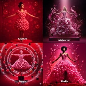 Die Ergebnisse von vier verschiedenen KI-Programmen (ChatGPT, Midjourney, Gemini, Firefly), die alle den gleichen Prompt bekommen haben: Eine Frau mit einem Kleid aus pinken Blasen auf einem Podest, geeignet für eine Werbekampagne. Ein Vergleich.